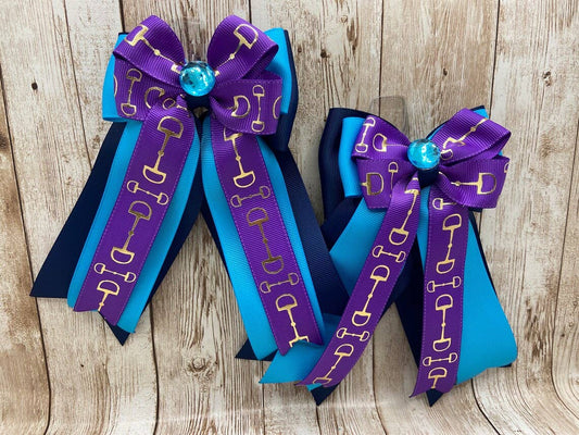 Horse Show Bows - Purple Bits on Turquoise & Navy