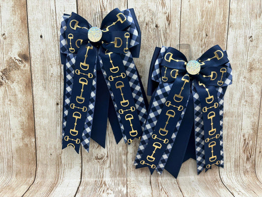 Horse Show Bows - Gold Bits on Navy and White Plaid